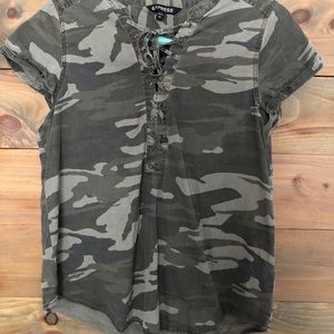 Express Lace-Up Neckline Camo Blouse